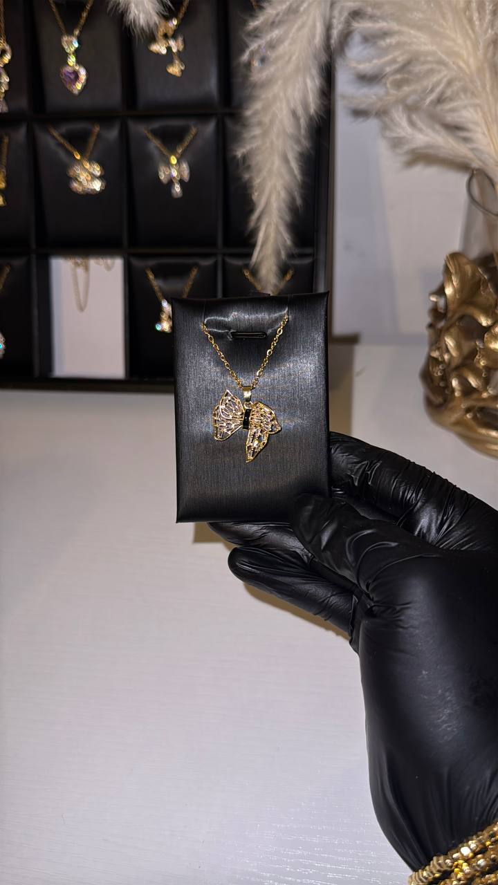 Crystal Bow & Leaf Pendant Necklace