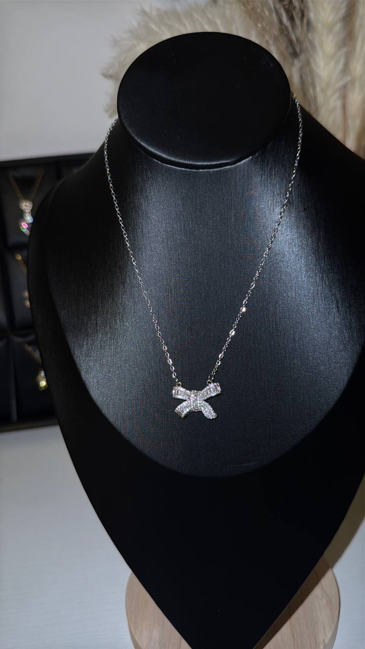 Silver Crystal Bow Necklace