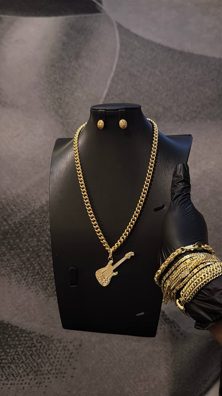 Electric Guitar Pendant Cuban Chain Necklace Set