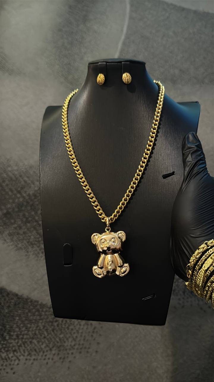 Luxury Teddy Bear Pendant Cuban Chain Necklace Set