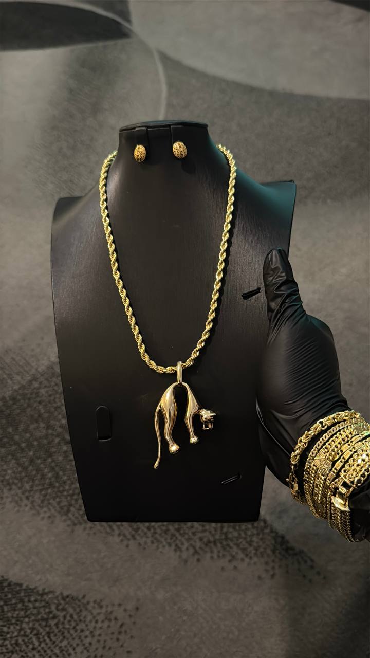 Abstract Cat Pendant Rope Chain Necklace Set