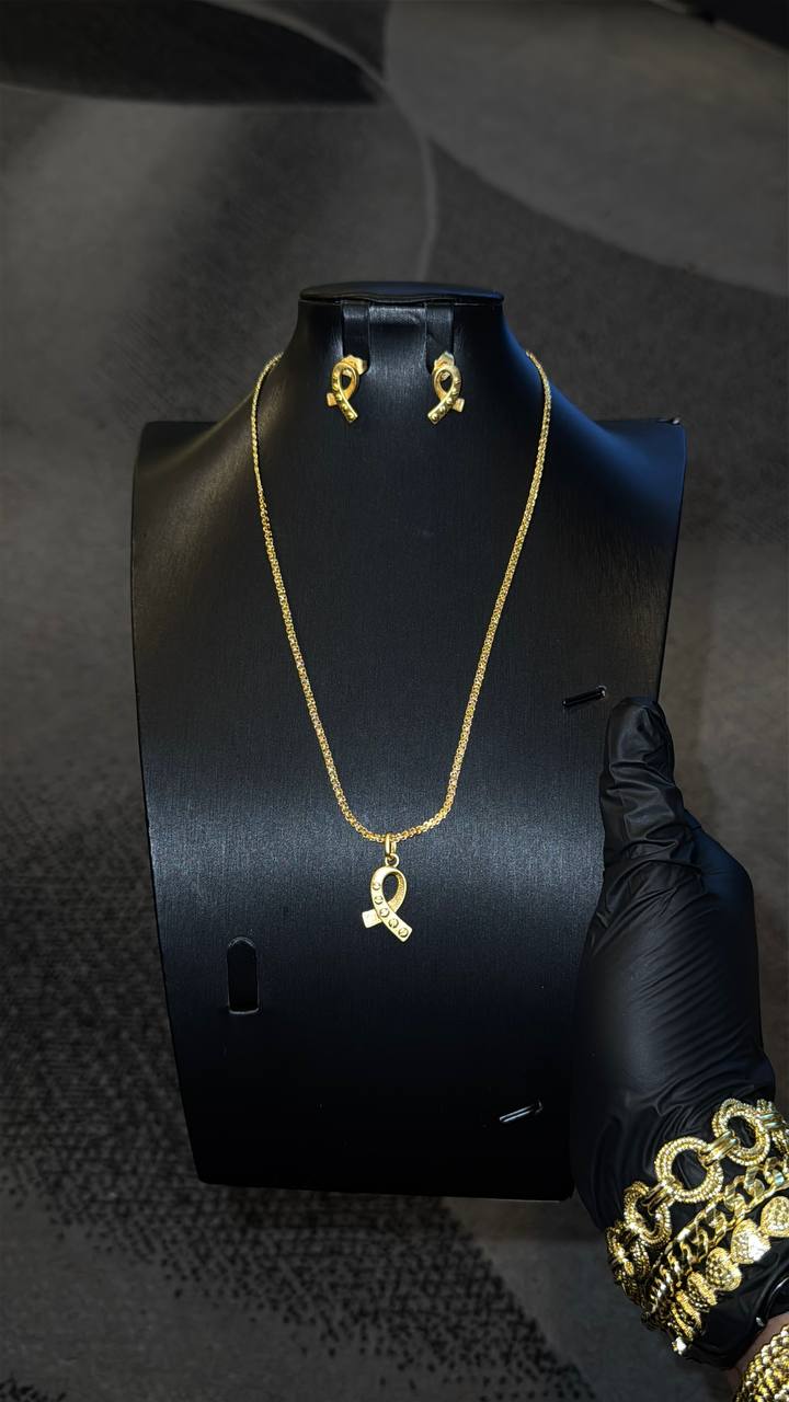 Awareness Ribbon Pendant Necklace Set Gold Lookalike