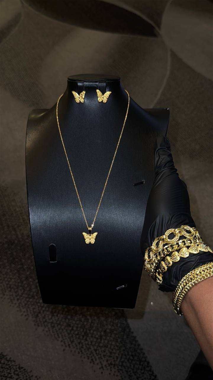 Butterfly Pendant Necklace Set Gold Lookalike