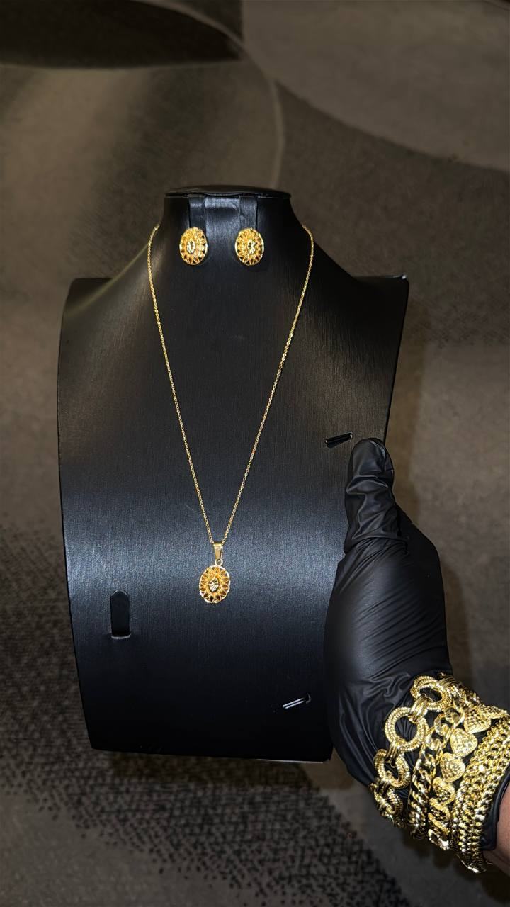 Sunburst Medallion Pendant Necklace Set Gold Lookalike