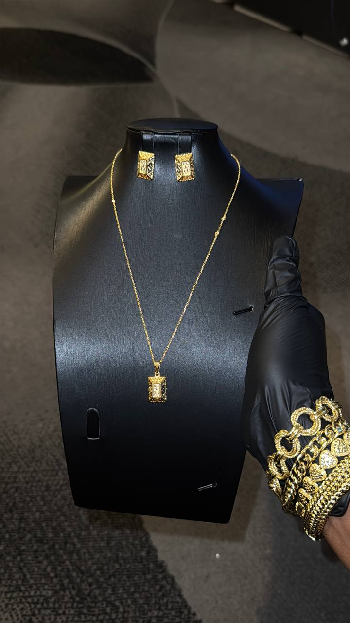 Rectangular Crystal Pendant Necklace Set Gold Lookalike
