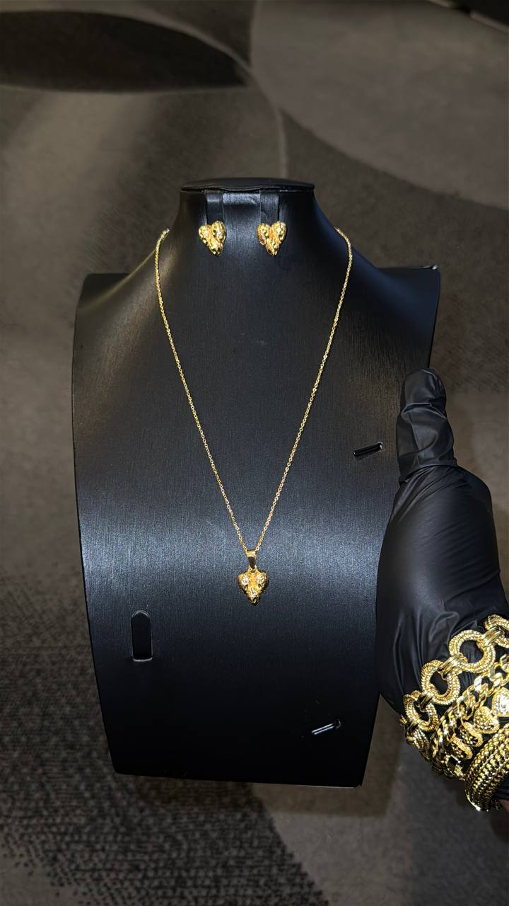 Textured Heart Pendant Necklace Set Gold Lookalike