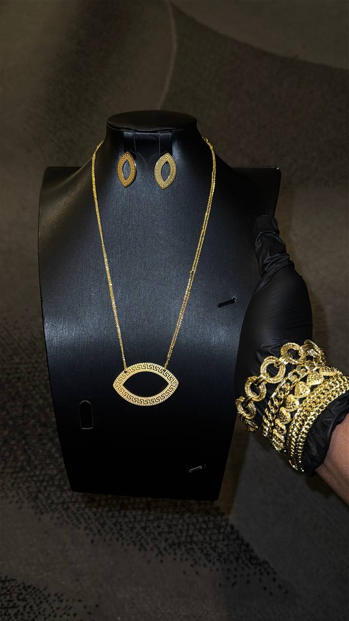 Oval Greek Pattern Necklace Set Gold Lookalike