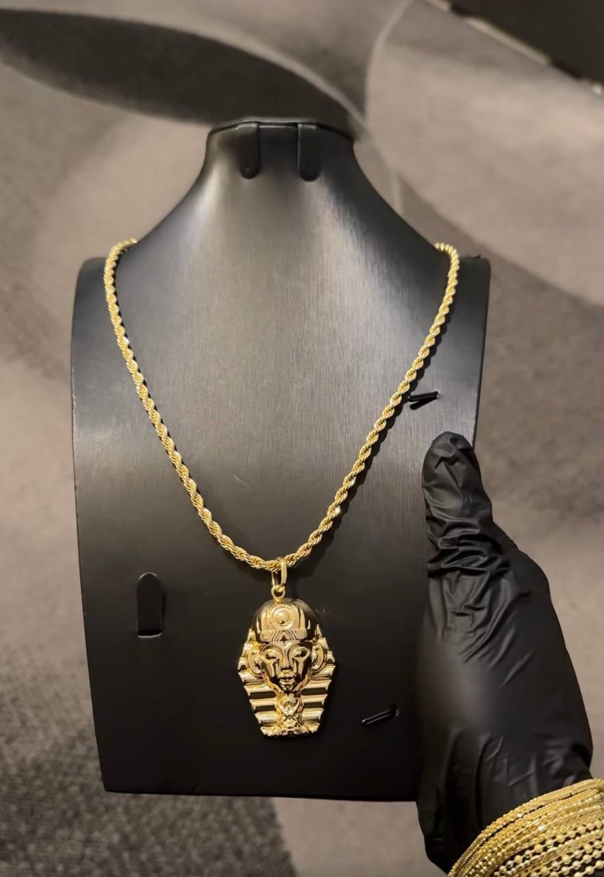 Pharaoh Head Pendant Rope Chain Necklace Gold Lookalike