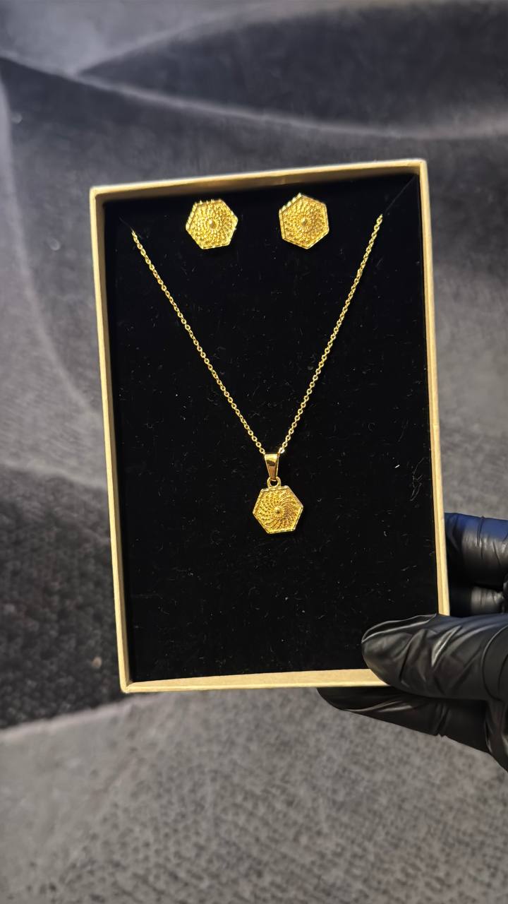 Luxury Hexagon Pendant Necklace Set Gold Lookalike